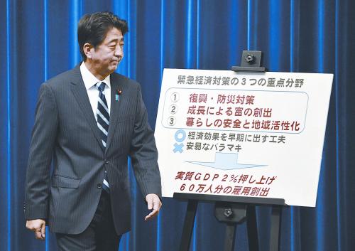 日本首相安倍晉三11日出席記者會(huì)。當(dāng)天，安倍內(nèi)閣通過(guò)了超過(guò)20萬(wàn)億日元的經(jīng)濟(jì)刺激計(jì)劃。