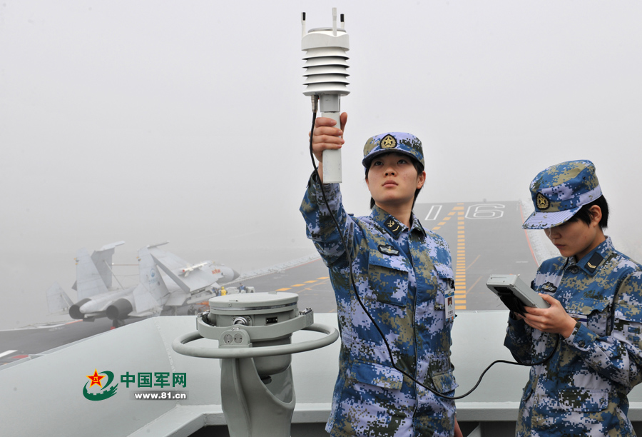 飛行前氣象值班女艦員進(jìn)行風(fēng)力參數(shù)測定。本網(wǎng)通訊員 王松岐 攝