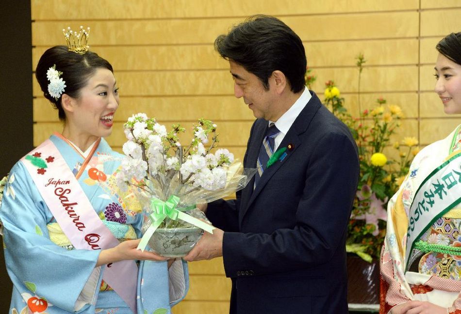 安倍接見(jiàn)日本櫻花女王、綠色女神